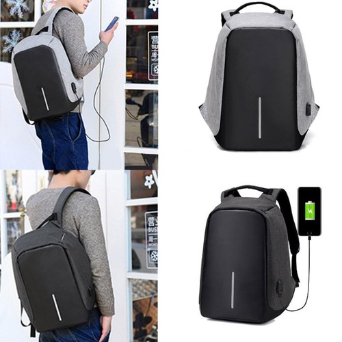 Canvas Laptop Bag Backpack USB Port Travel School Bags Rucksack Anti-Theft