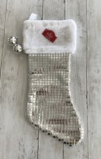 Holiday Time Shiny Silver Stocking with 2 Attached Silver Balls Faux Fur 18"