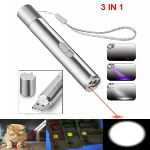 3 in 1 cat laser pointer pen toys usb rechargeable mini torch red beam uv light image 1