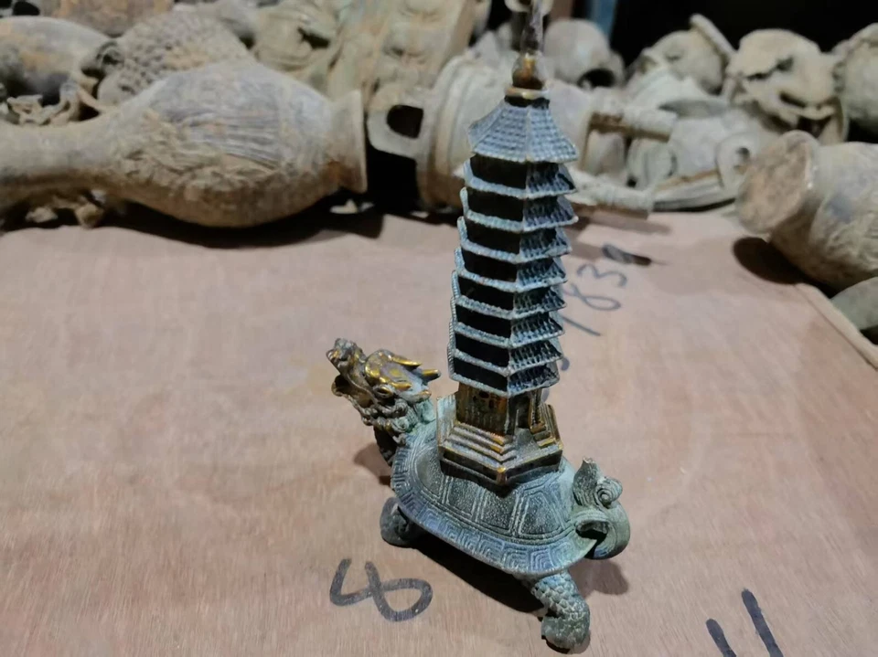 China Come From FOLK Collection Copper Gilded Dragon Turtle Towing Tower - Image 2 of 4