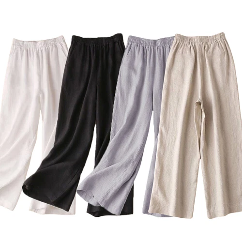 Summer Women Drawstring Waist Wide Leg Loose Cotton Linen Solid Pants Asian - Picture 5 of 24