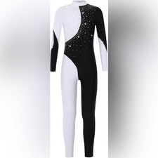 Iefiel Dance costume bodysuit jumpsuit leotard black white rhinestone child 7-8