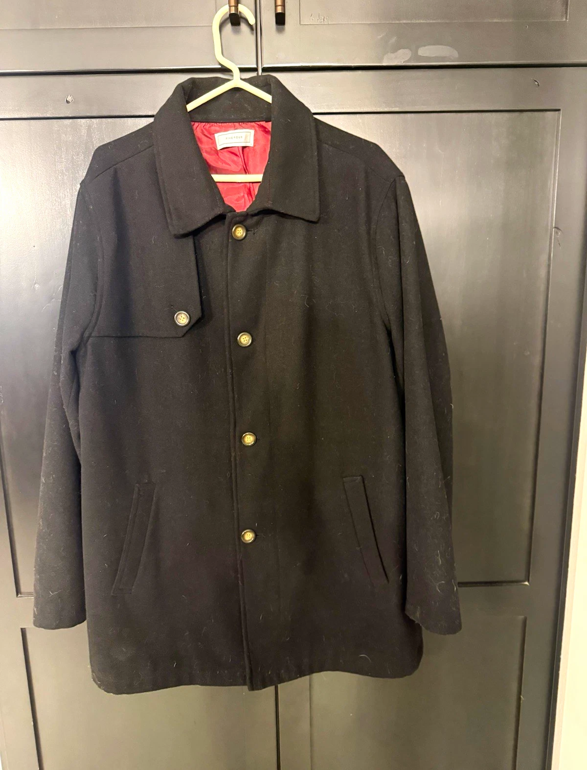 FIVE FOUR Men's Black blend Wool Lined Button-Front Overcoat Mid-Length Size L - product detail image 1