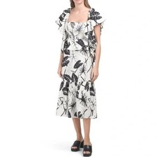 Farm Rio Women's Graphic Leaves Off White Midi Dress - Ruffle Sleeves