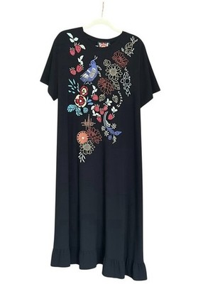 NEW! Johnny Was Sz XXL Embroidered Dress Black Asymmetrical Ruffle Hem Boho