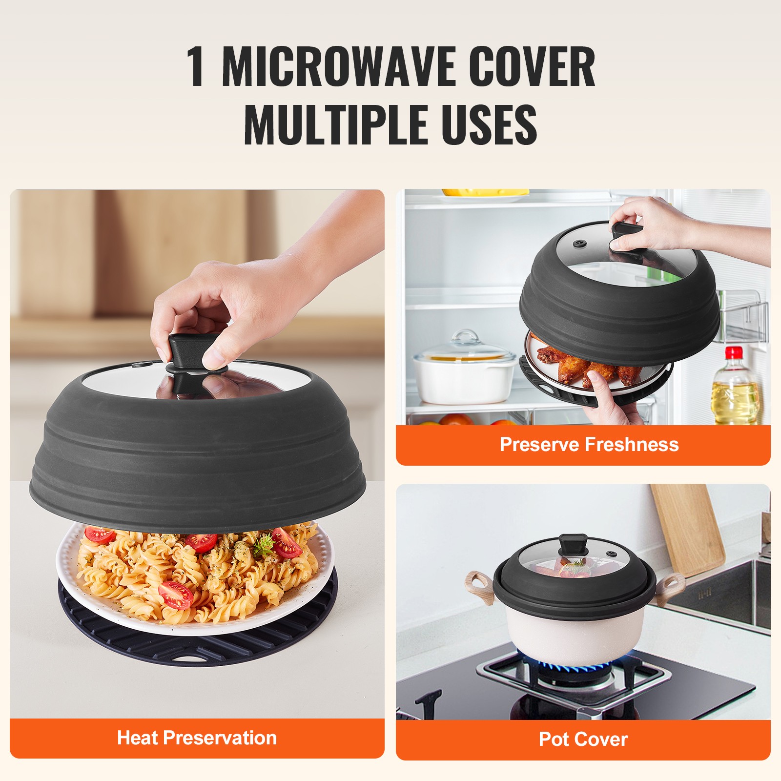 VEVOR Microwave Splatter Cover & Mat 10.8" Collapsible Microwave Food Lid 500°F