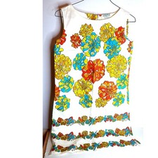 Vintage Minicare 60s Cotton Shift Dress Mod Floral Border Print Mini Medium