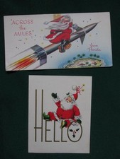 2 Vintage Santa Claus Christmas Cards - Riding a Rocket! & 