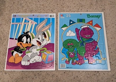 Vtg Framed Tray Puzzles 1993 Barney & Baby Bop & '97 Baby Looney Tunes Set Of 2