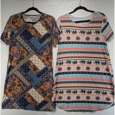 Lot of 2 Bobbie Brooks Womens M Tunic Dress Short Sleeve Patchwork Elephant