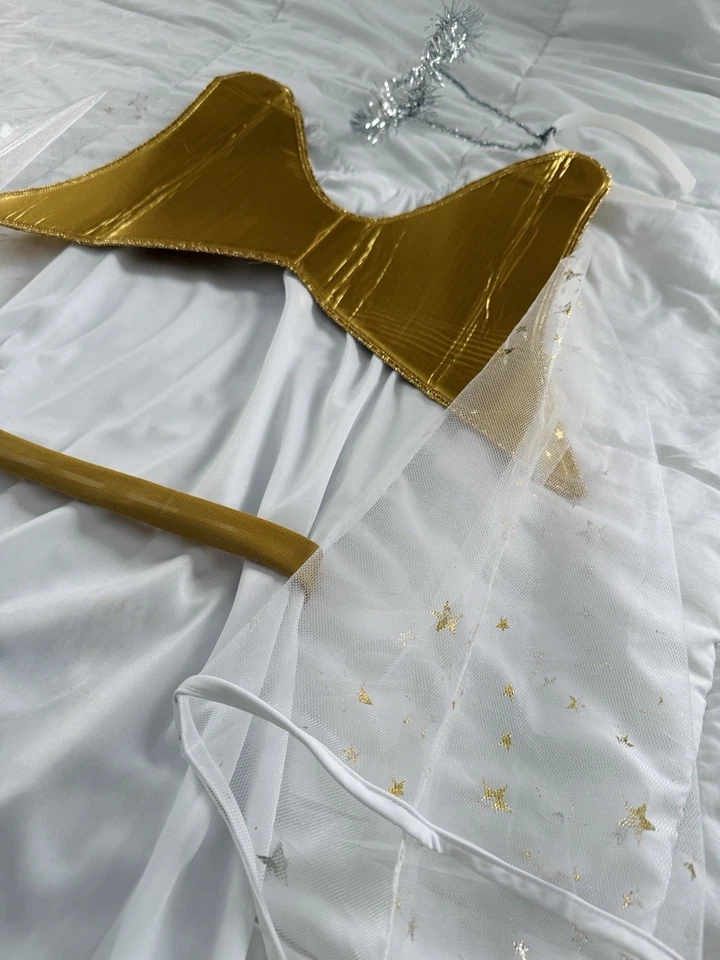 Disfraz de ángel para niñas con alas adjuntas/mangas brillantes de malla/halo-talla M (8-10) Foto 3 de 4