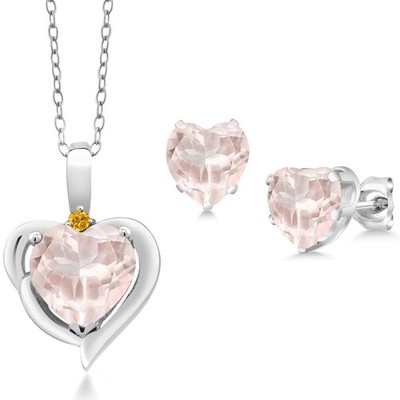 925 Sterling Silver Rose Rose Quartz and Yellow Created Sapphire Pendant