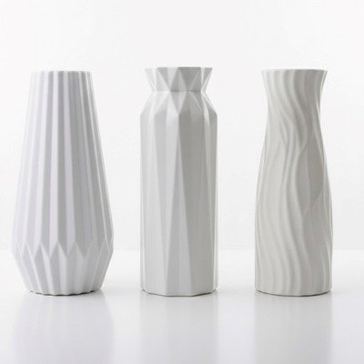 3er Vasenset Weiß Dekovasen Kunststoff Vasen Blumenvase Gerippte Tischvasen Deko