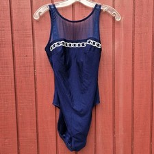 Vintage Robby Len Bathing Suit Navy Mesh Top Chainlink French High Cut Size 12T