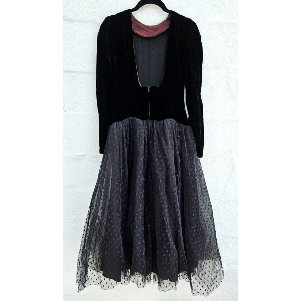 Vintage Dress Small Black Velvet Tulle Sheer Polka Dot Goth Witchy Whimsy 80s - Image 2 of 4