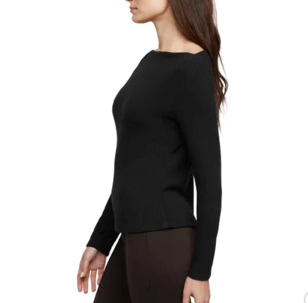 NUEVO Top Banana Republic Para Mujer L Manga Larga Negro Acanalado Tejido Cuello Barco Foto 3 de 4