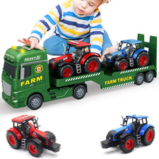 Large Flatbed Semi Truck, 25.6’’ Large Farm Truck Toy with 2 Tractors, Friction