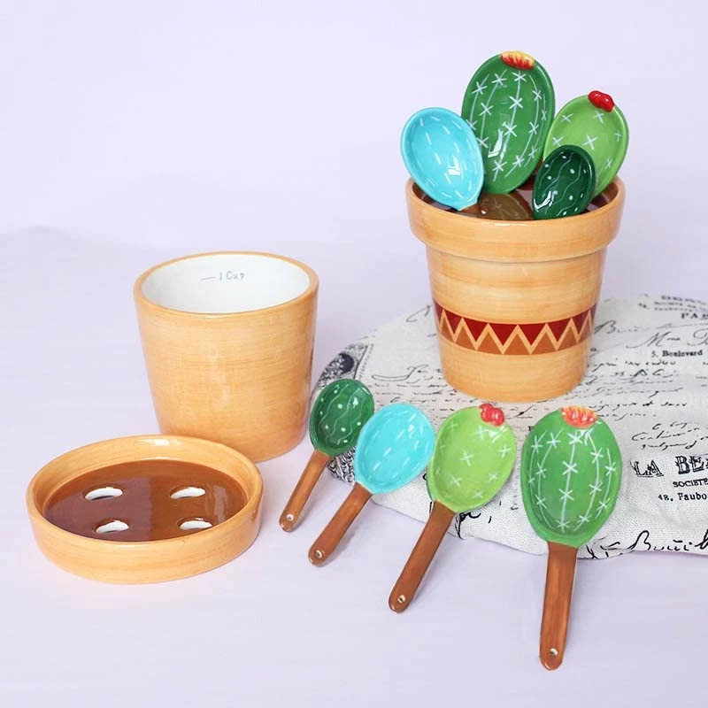 Cactus Measuring Spoons Set in Pot Ceramic Cute Small Cacti Measuring Spoons ... - Image 2 of 4