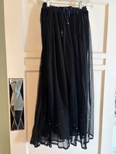 Vintage India Black Lined Crinkle Gold Paint Boho Fairy Witchy Skirt EUC O/S