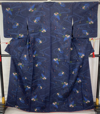 Japanese Vintage Kimono Silk Navy Tumugi Traditional Authentic Length 64 in