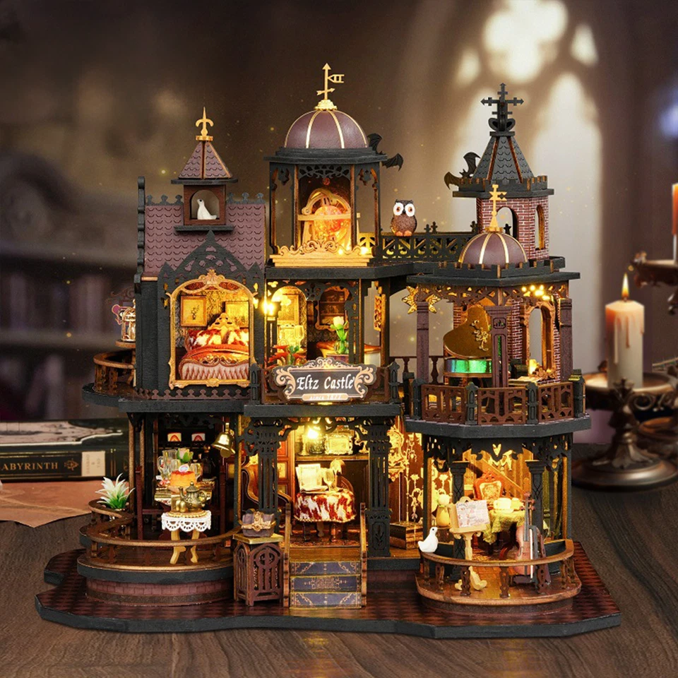 Faça Você Mesmo Castelo de Edimburgo Casa de Bonecas 3D Quebra-cabeça de Madeira Brinquedos de Construção Livro LED Nook Presente - Imagem 4 de 4