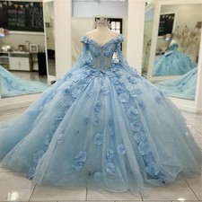 Blue Quinceanera Dresses Flower Appliques Off Shoulder V-neck Sweet 16 Ball Gown