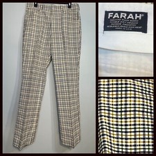 Vintage Farah Mens Pants Yellow Blue Green Plaid Wide Leg Polyester 1970s USA