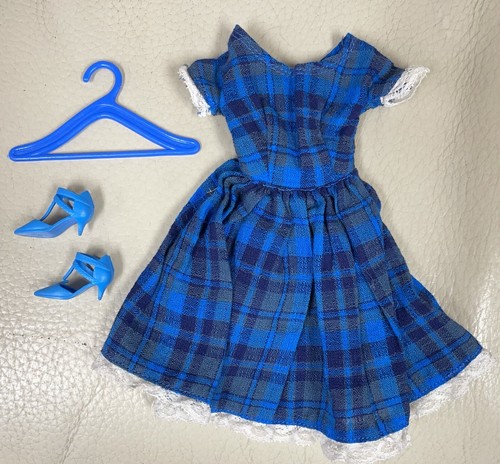 Vtg Barbie Clone Doll Dress Blue Plaid & Lace Trim & Accessories Handmade 1968 - Picture 3 of 12