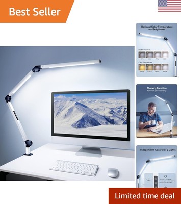 LED Desk Lamp with Clamp, Dual Light Desk Lamp with Swing Arm, Dimmable 4 Col...