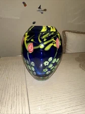 Arthur Kusak Studio Hand Blown Glass Vase Cobalt Millifiori Floral Encased 5”