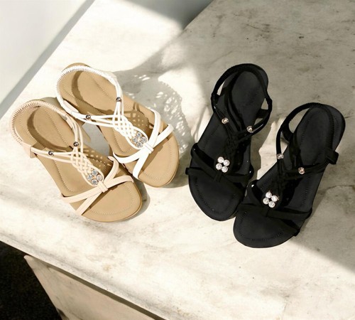 Sandali donna piatti ecopelle punta aperta elasticizzati slingback casual estivi sandalo - Foto 3 di 11