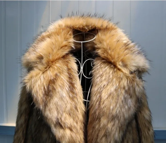 Men's Faux Fur Coat Imitation Hair Long Coats Warm Suit Collar Artificial Cloth - Image 3 of 4