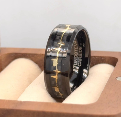 Black Tungsten Promise 8mm Ring Gift Ring For Her Gold Heartbeat EKG Inlay Band