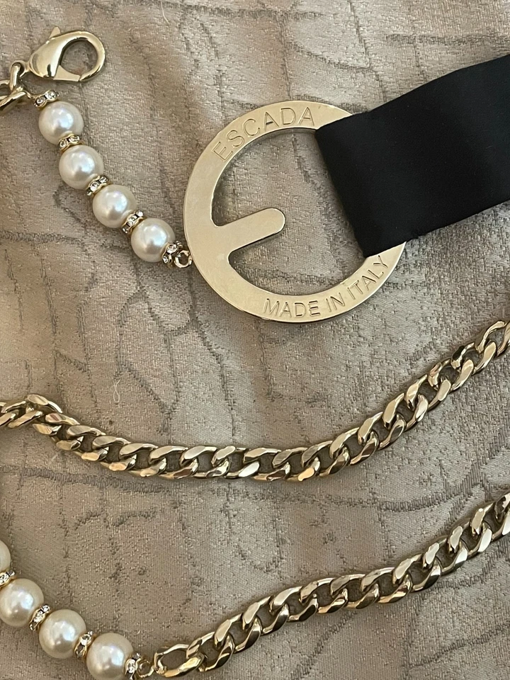 Cinturón Escada Vintage Estampado Italia Oro Perla Estrás Satinado Logo Cinturón Raro 36" Foto 4 de 4