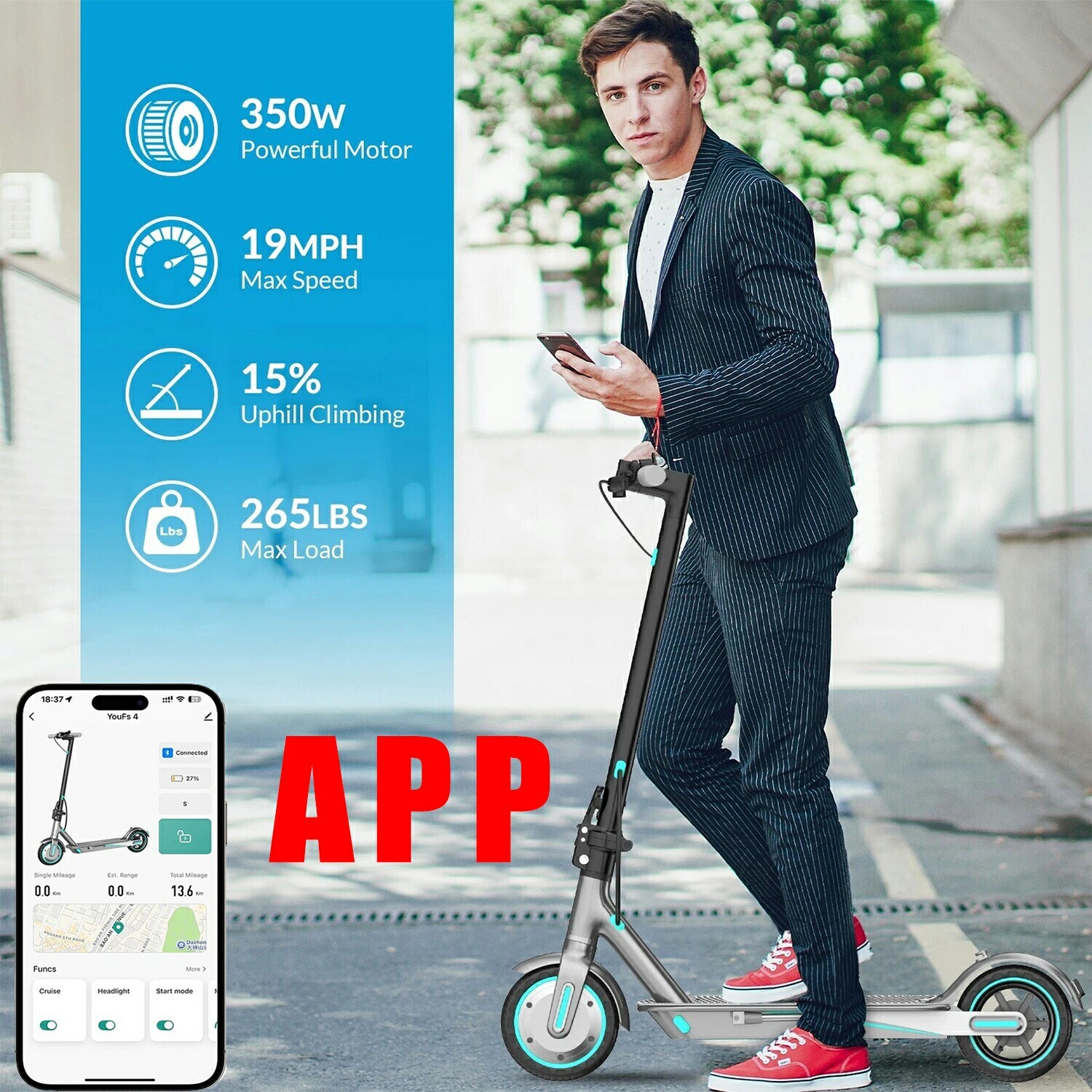 350W Foldable Blue E-Scooter 30km Range 36V 10.4Ah Dual Brakes APP Control