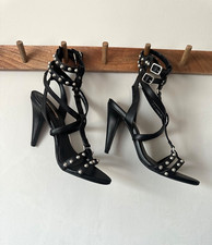 Zara Basic Black Leather Studded Gladiator Sandal Shoes Silver Studs 38