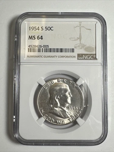 NGC - 1954 S Franklin Silver 50C Half Dollar - Uncirculated MS 64 Coin