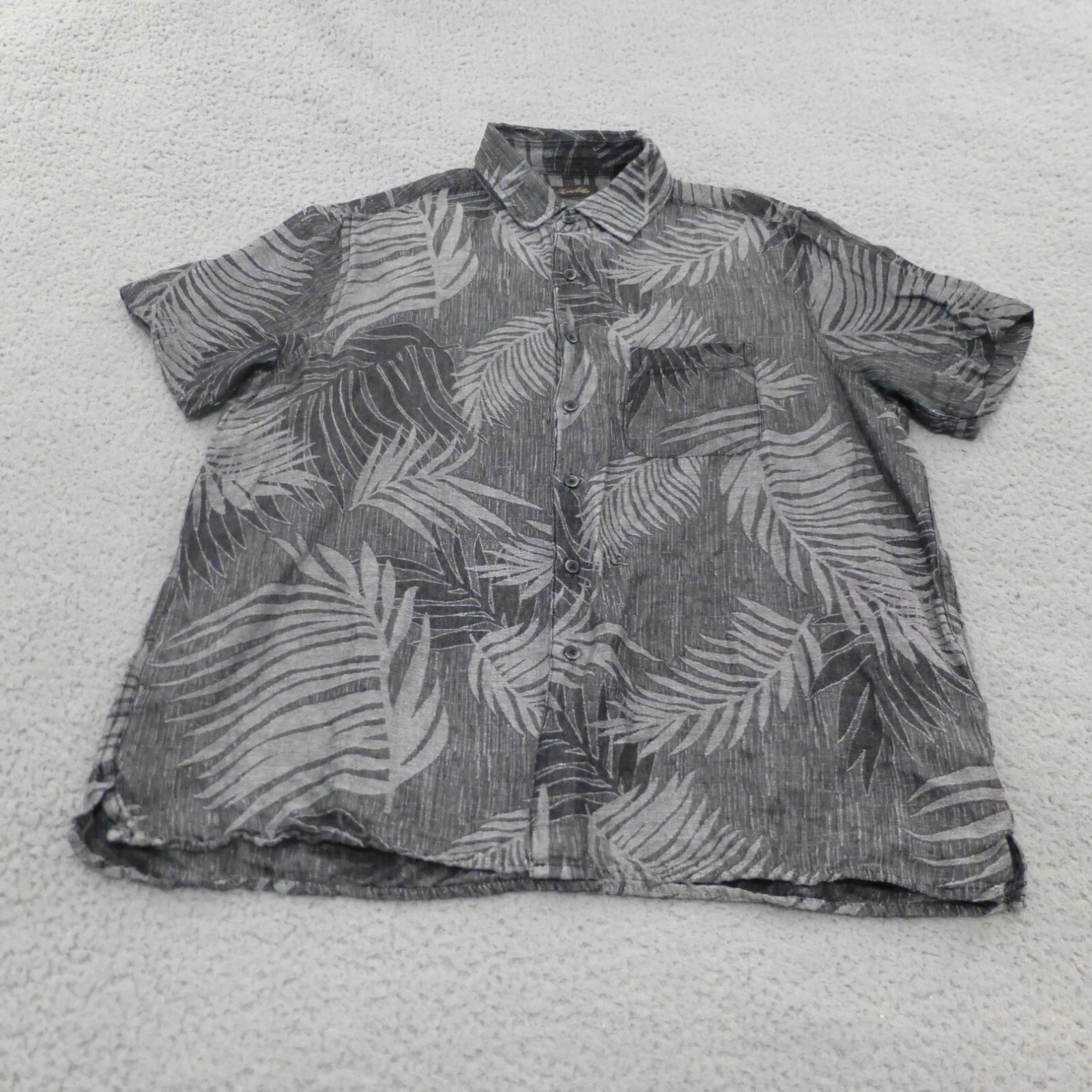 Tasso Elba Shirt Mens Large Button Up Linen Silk Hawaiian Short Sleeve Black