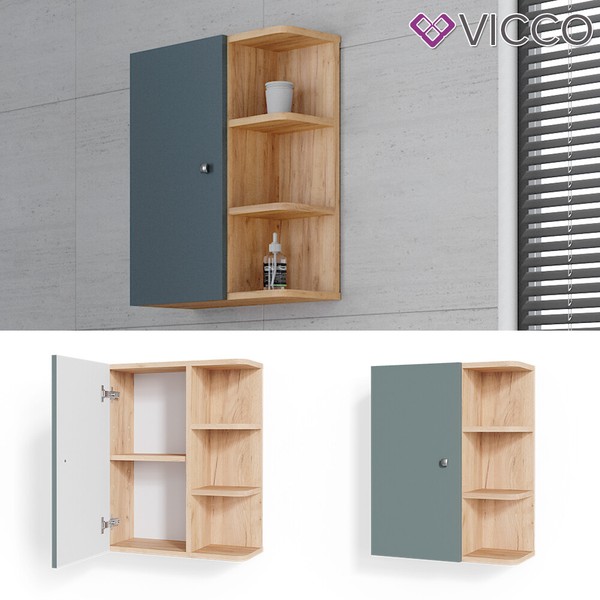 HäNgeschrank Badschrank Badezimmerschrank Fynn Eiche GrüN Ablagen Regal Vicco-image