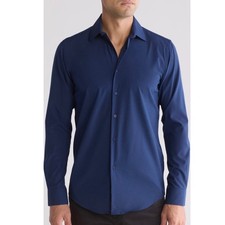 Lucky Brand   Men  s Slim Fit Navy Blue Long Sleeve Button Down Shirt Sz-Medium