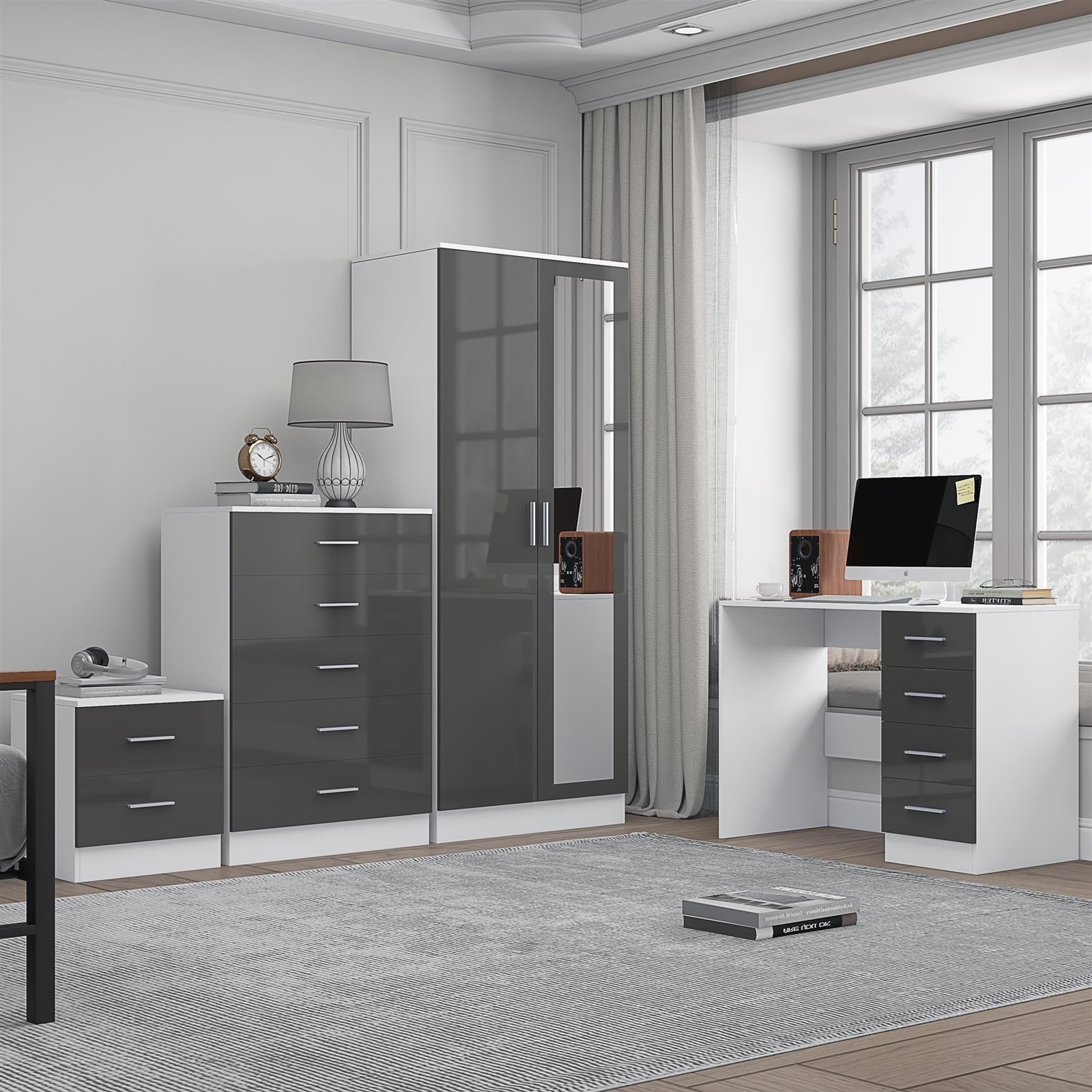 REFLECT 2dr Mirror Wardrobe + Chest + Bedside + Desk - Grey/White