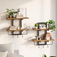 Floating Shelves for Wall Set of 2, Wood Wall Shelf with 6 Hooks, 2 Tier Hanging