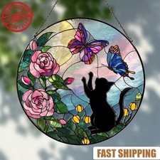 Cat Stained Glass Suncatcher, Black Cat  Butterfly Moon Window Hanging, Gifts