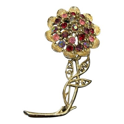 Vintage BSK Silvertone Flower Brooch Multicolor Rhinestone Pin Signed 3'' Tall