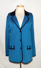 Misook Blazer Jacket Acrylic Knit Button Front Teal Blue-Green w/Black Trim L