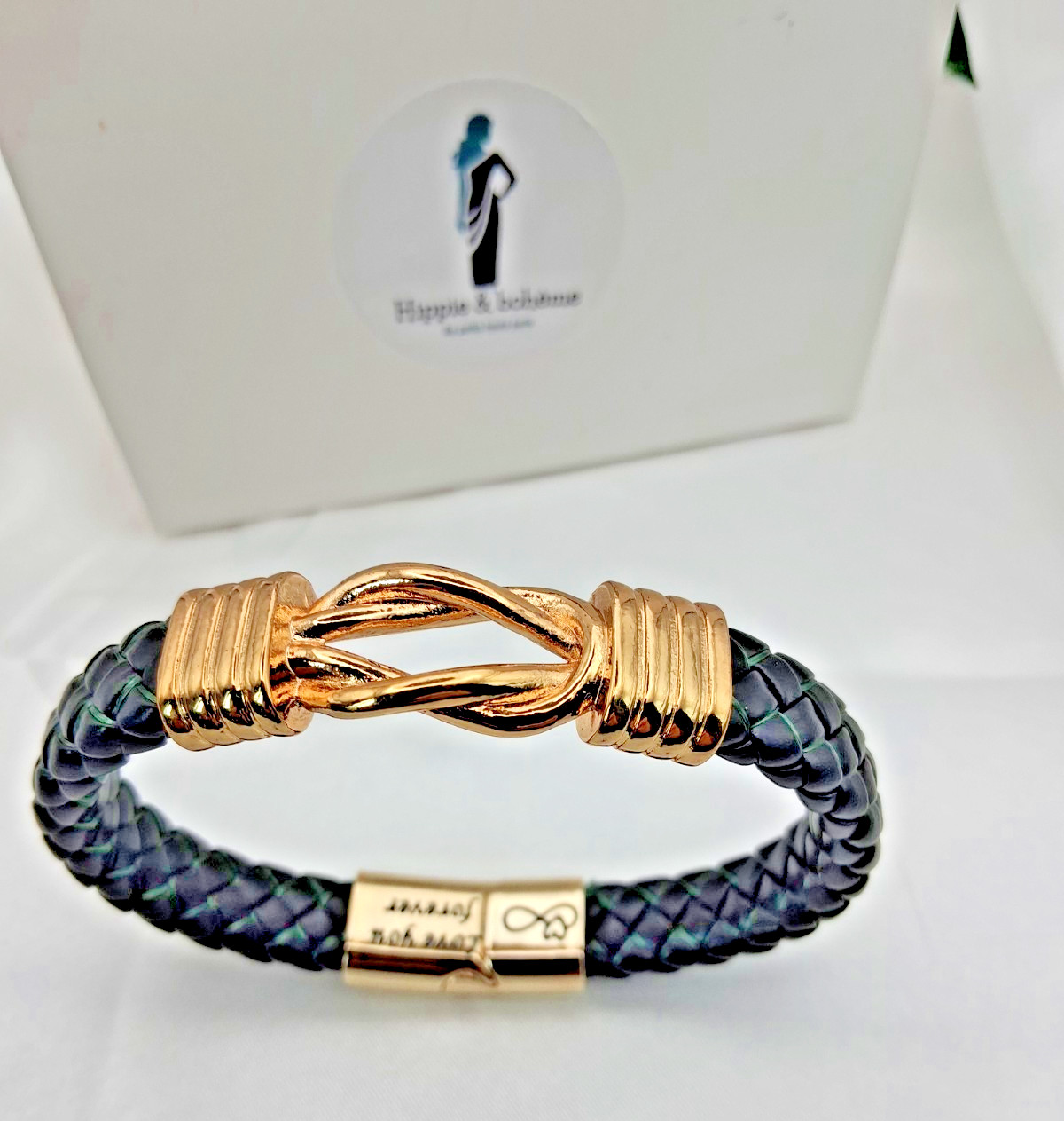 Bracelet Homme en cuir synthétique tressé + acier doré love you forever