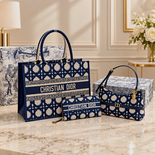Dior Logo Canvas Large Tote Bag Set w/ Strap & Coin Purse Blue/White Gold