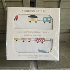 Addison Belle 100 Organic Cotton Fitted Crib Sheet Trains Print NIB And Poly
