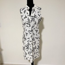 Tahari Sz 6  White Linen Blend Collared Dress Sleeveless Black Leaf Print NWT 