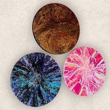 Set di 3 dipinti acrilici originali a versamento - arte murale astratta rotonda 12" - lotto